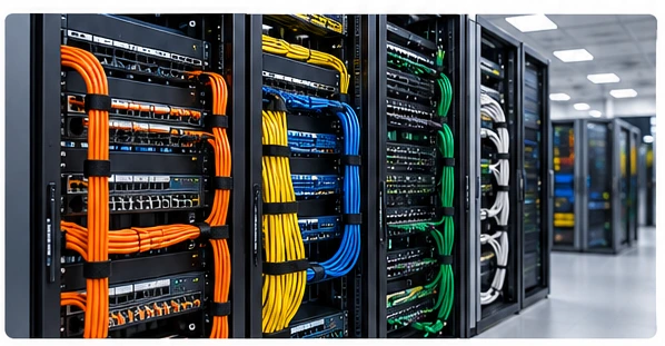 Strukturlaşdırılmış kabel sisteminin patch panelində rəng kodlaşdırılmış Ethernet kabelləri