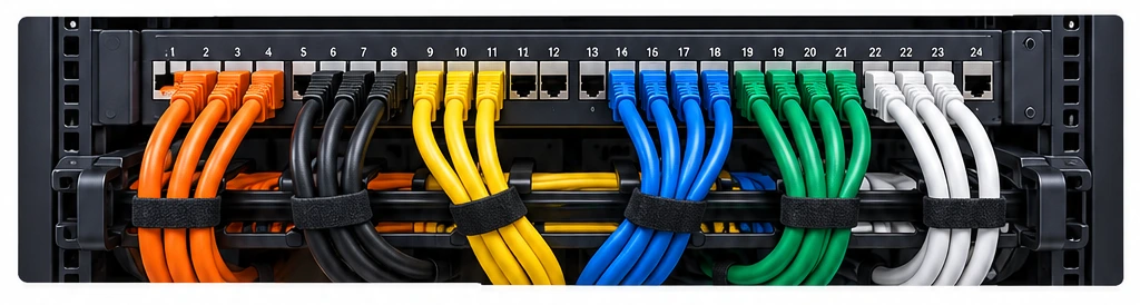 Server otağında strukturlaşdırılmış kabel sistemi və rəng kodlaşdırılmış şəbəkə kabelləri